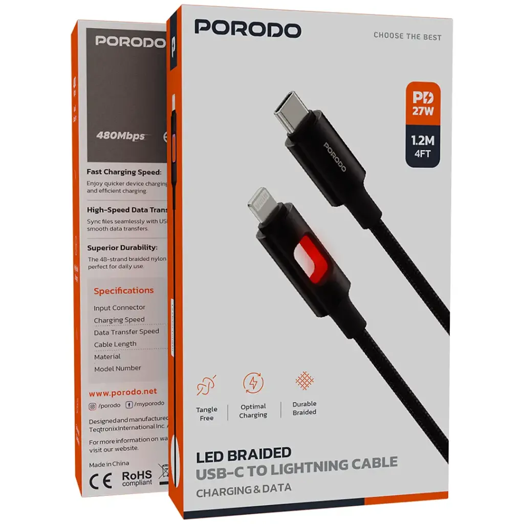 Porodo USB-C to Lightning Charging LED Braided Cable - Black
