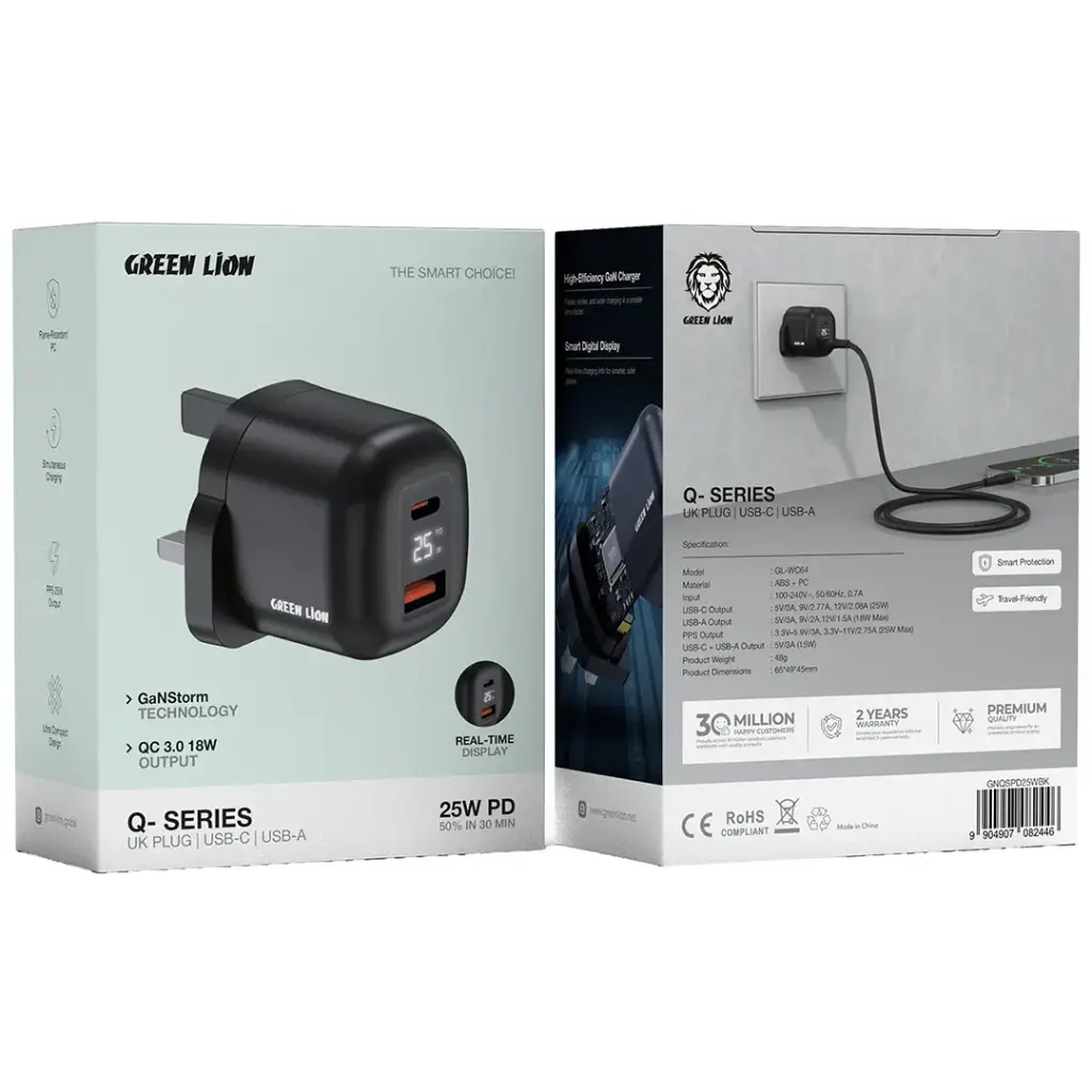Green Lion Q-Series 25W UK Plug USB-C & USB-A - Black