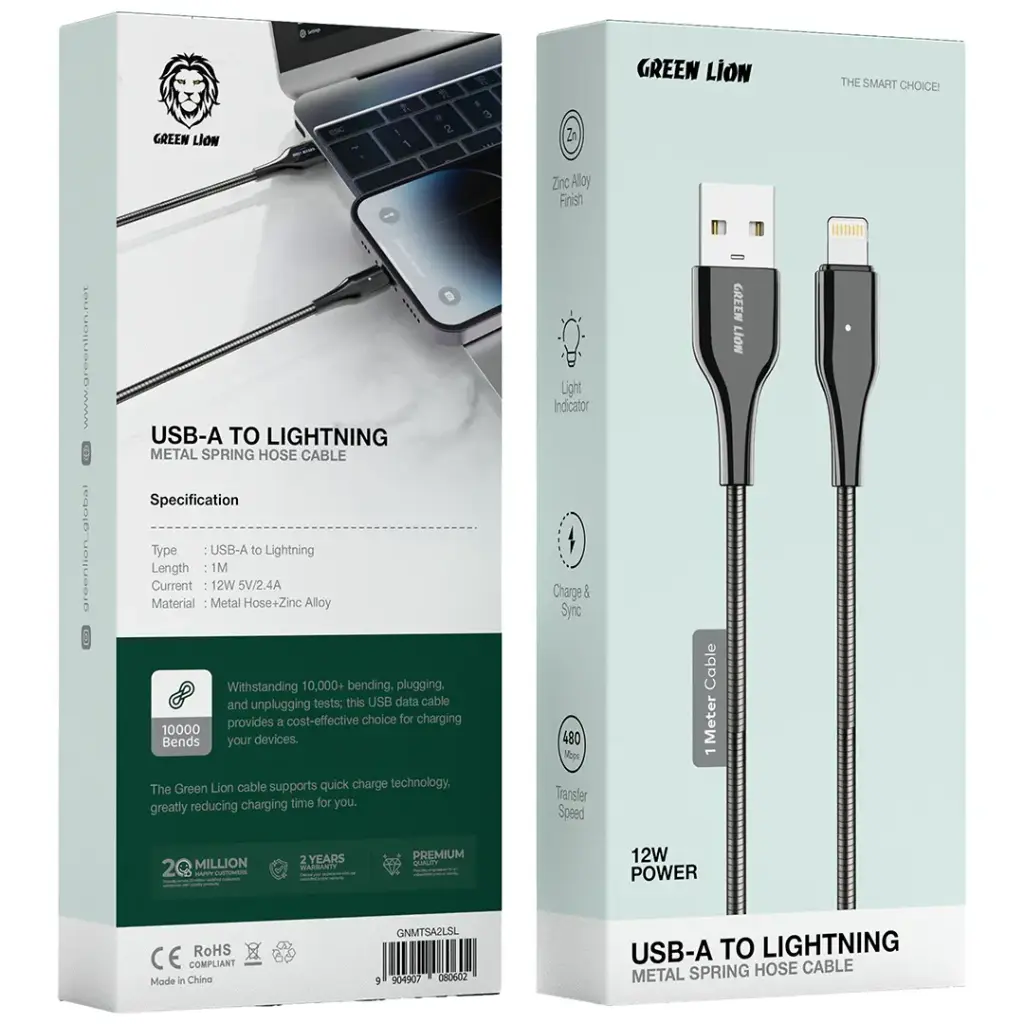 كيبل Green Lion USB-A إلى Lightning بخرطوم معدني زنبركي - فضي