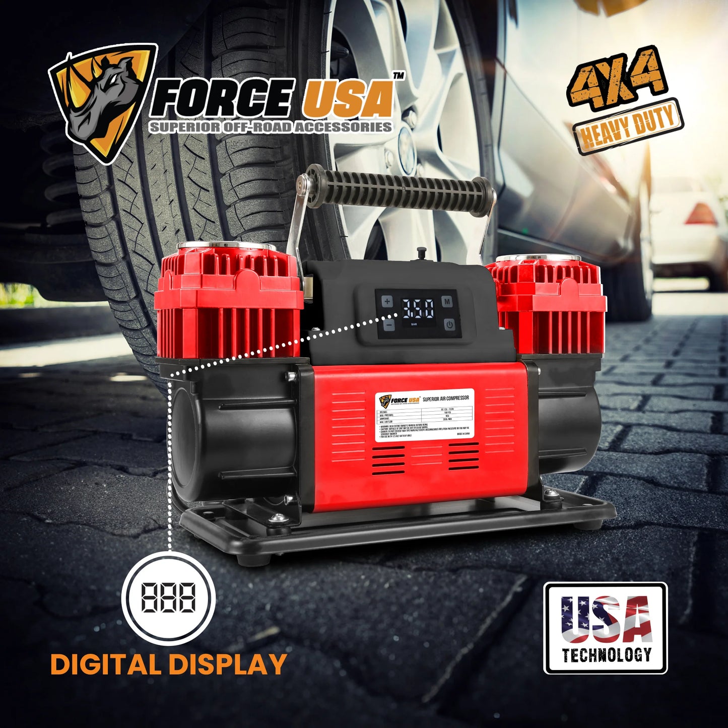 FORCE USA Digital Heavy Duty Double Cylinder Air Compressor – Red | High Power Output, Digital Display, Portable Design, Safety Features – Ideal for Off-Road, Car, and Outdoor Use - AC080