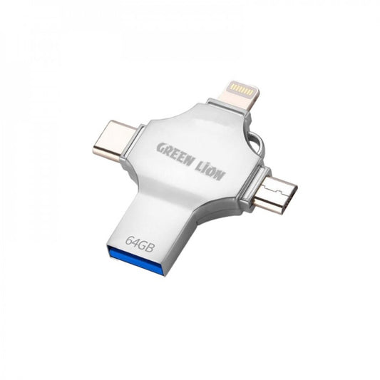 محرك فلاش USB جرين ليون 4 في 1 سعة 64 جيجابايت - فضي