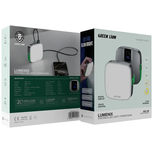 Green Lion Lumenix Portable LED Light with Power Bank (2000mAh×2) - Gray