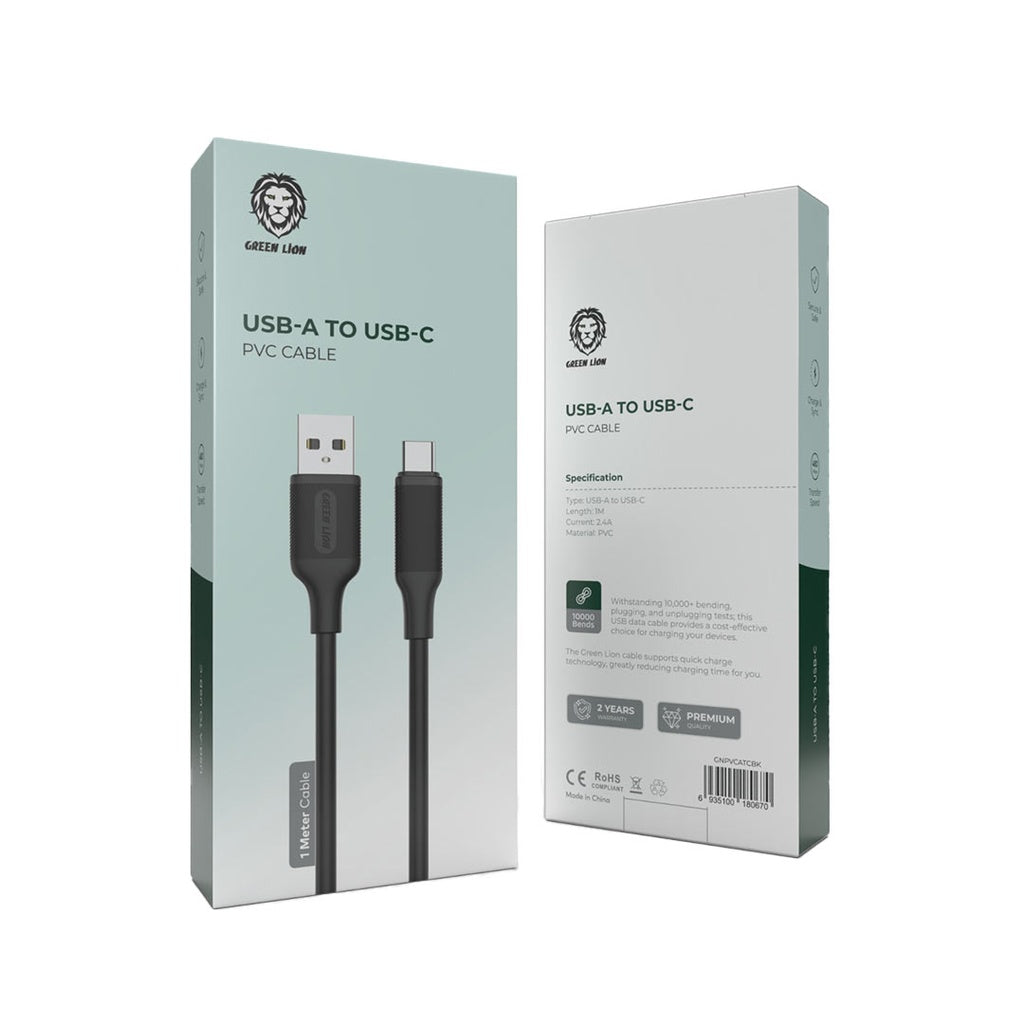 كابل USB-A إلى USB-C PVC من GREEN LION بطول 1 متر وقوة 2.4 أمبير - أسود