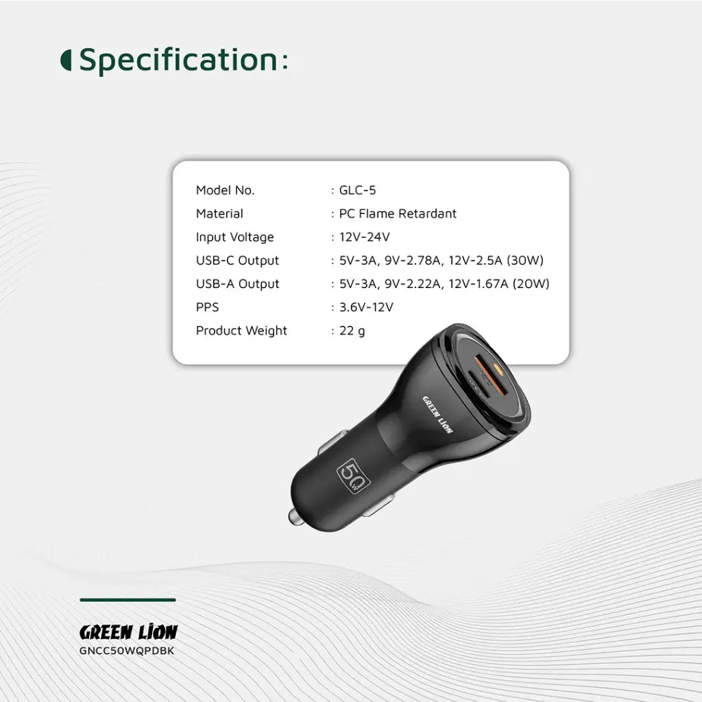 Green Lion Dual Port Car Charger 50W (with C to C / C to L Cable) - Black