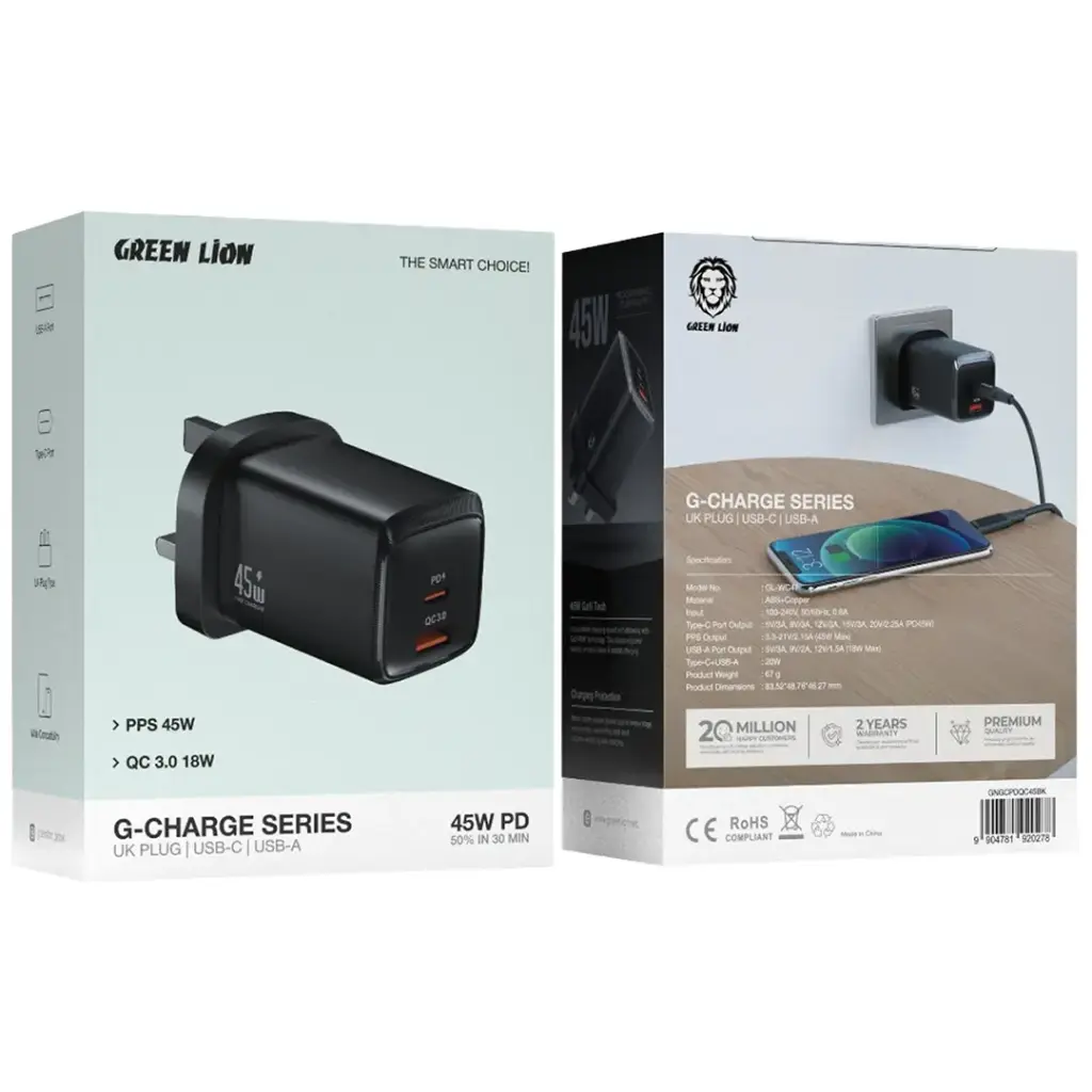Green Lion G-Charge Series Dual Port Wall Charger 45W UK Plug - Black
