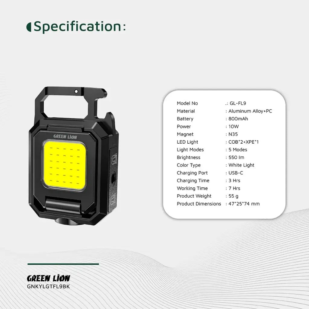Green Lion Keychain Light with Foldable Design - Black