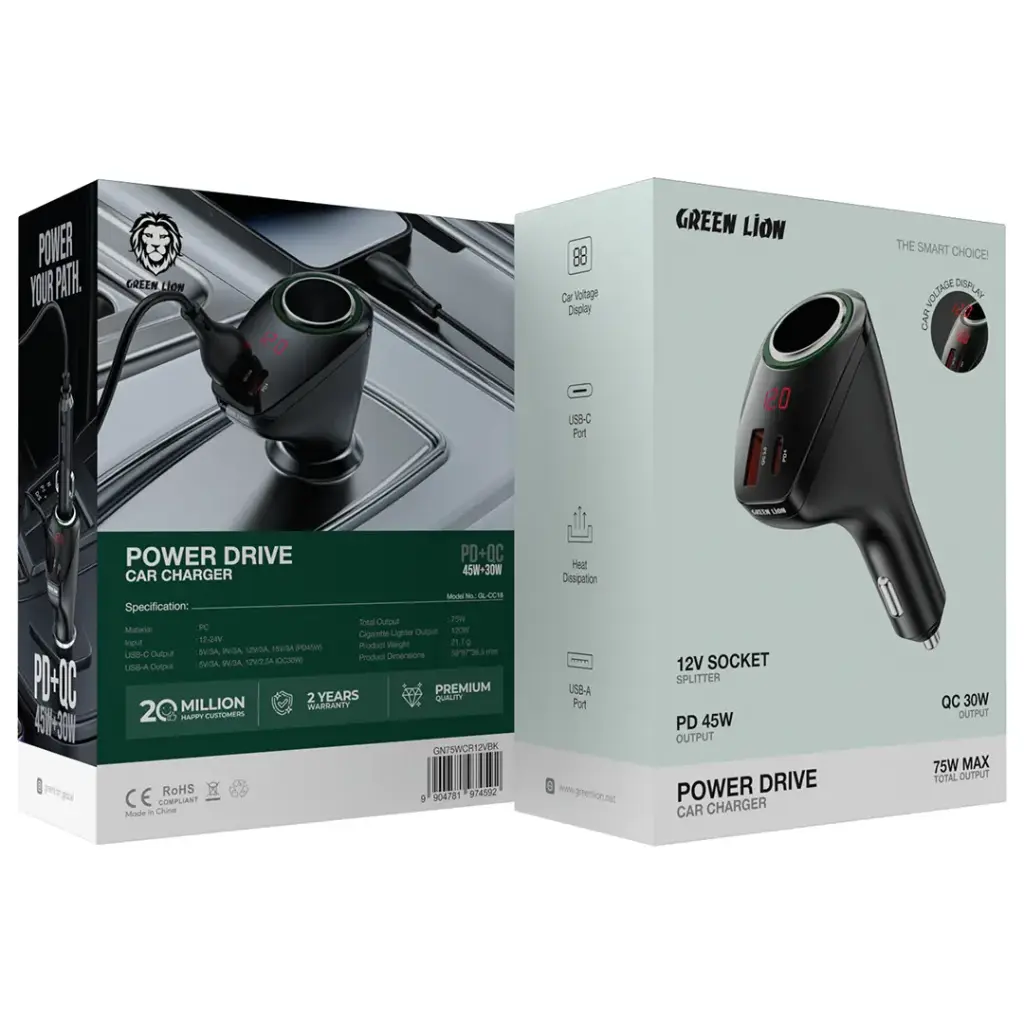 Green Lion Power Drive 75W Car Charger - Black