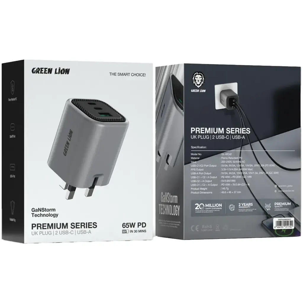 Green Lion Premium Series GaN Charger UK Plug PD 65W - Gray
