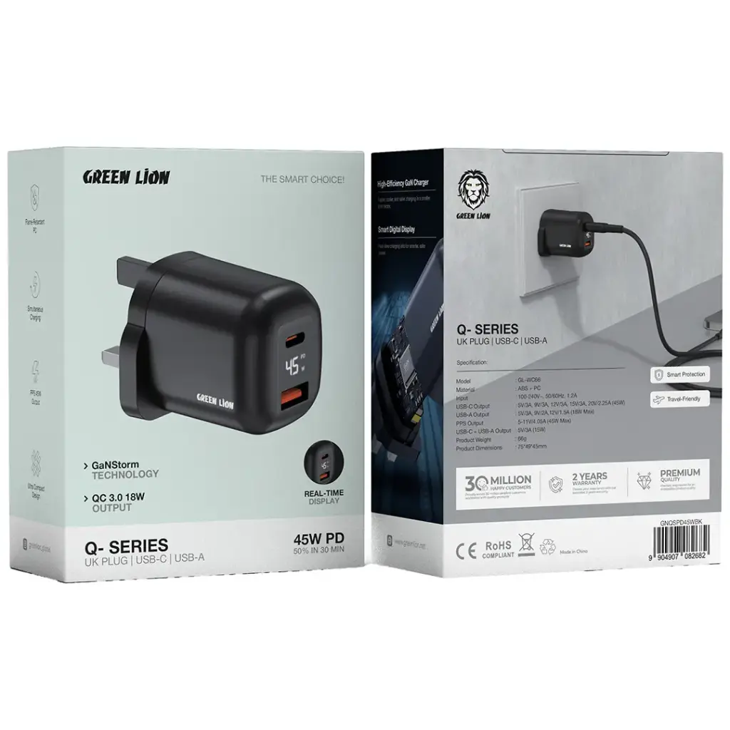 Green Lion Q-Series 45W UK Plug USB-C & USB-A - Black