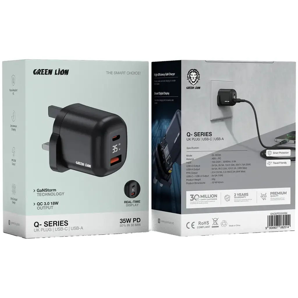 Green Lion Q-Series 35W قابس المملكة المتحدة USB-C و USB-A - أسود