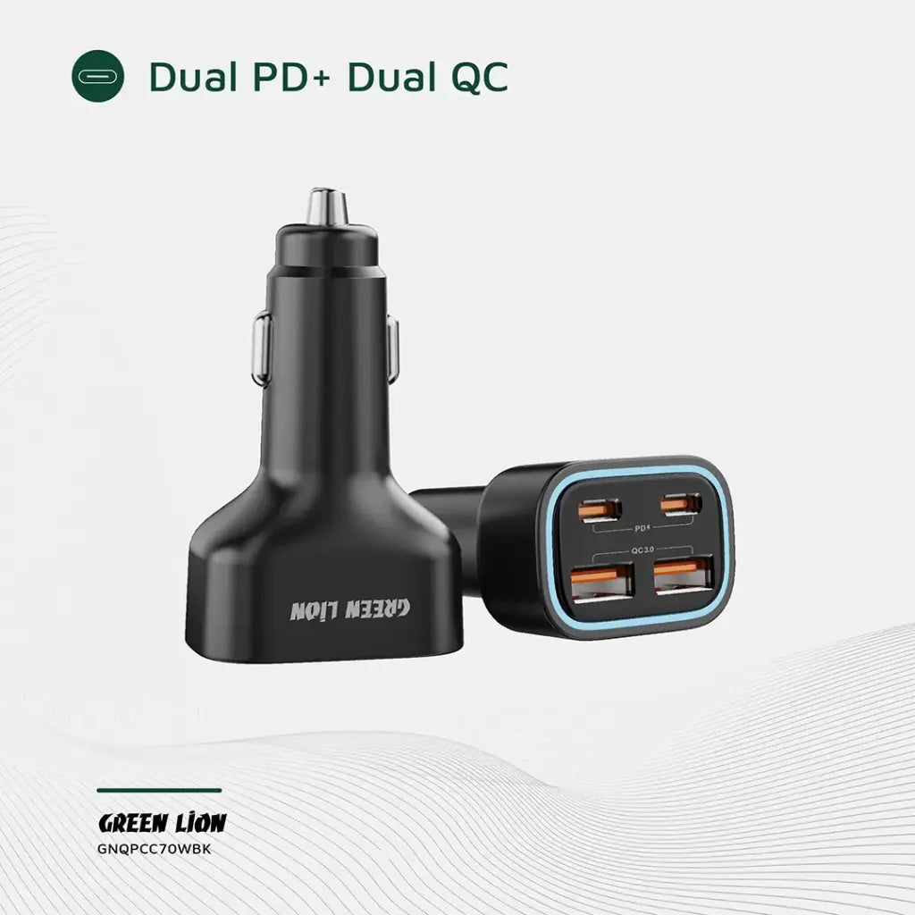 Green Lion Quad Port 70W Car Charger - Black