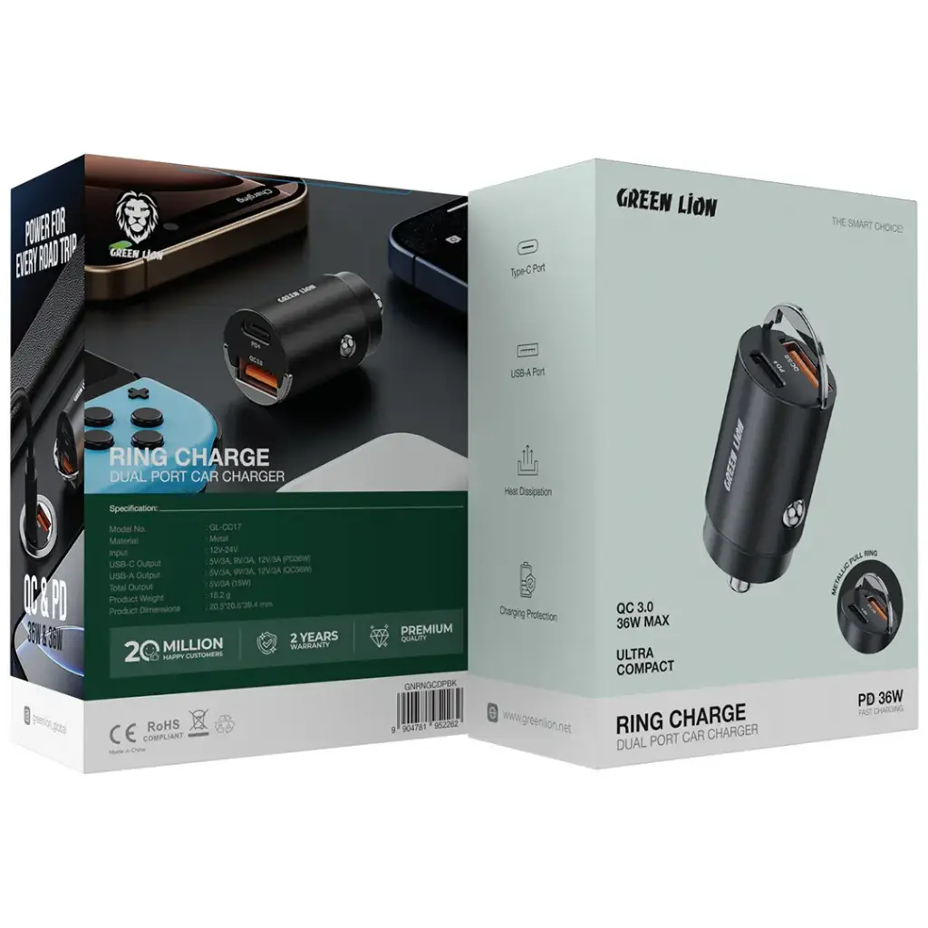 Green Lion Ring Charge Dual Port Car Charger PD 36W - Black