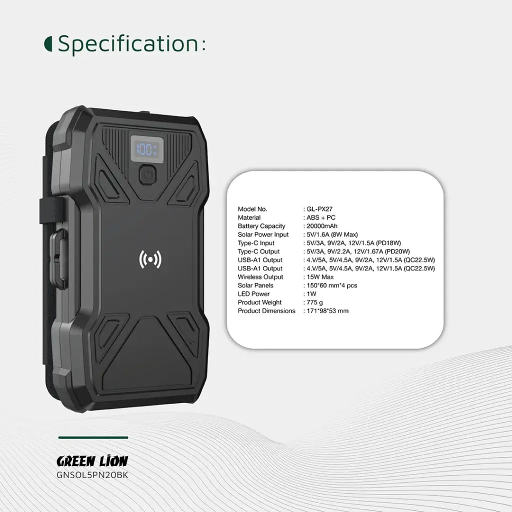 بنك الطاقة جرين ليون سولار 5-Panel 20000mAh PD20W - أسود