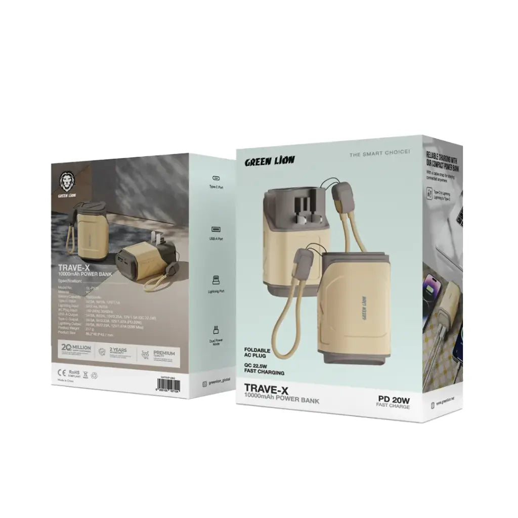 باور بانك تراف-إكس من جرين ليون، سعة 10000 مللي أمبير/ساعة، لون بيج