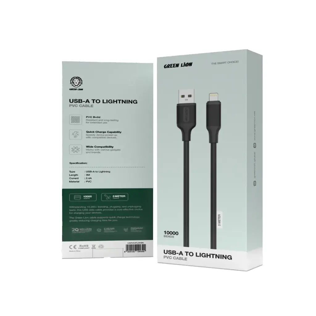 Green Lion USB-A to Lightning PVC Cable 3M - Black