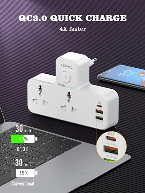 LDNIO محول شاحن حائط مع 1 USB-C 2 منافذ PD & QC3.0 SC2311