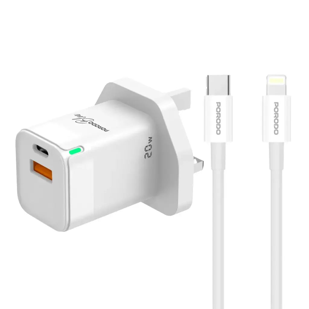 شاحن Porodo Blue فائق السرعة من USB-A إلى USB-C (كابل Lightning بطول 1 متر متضمن) - أبيض