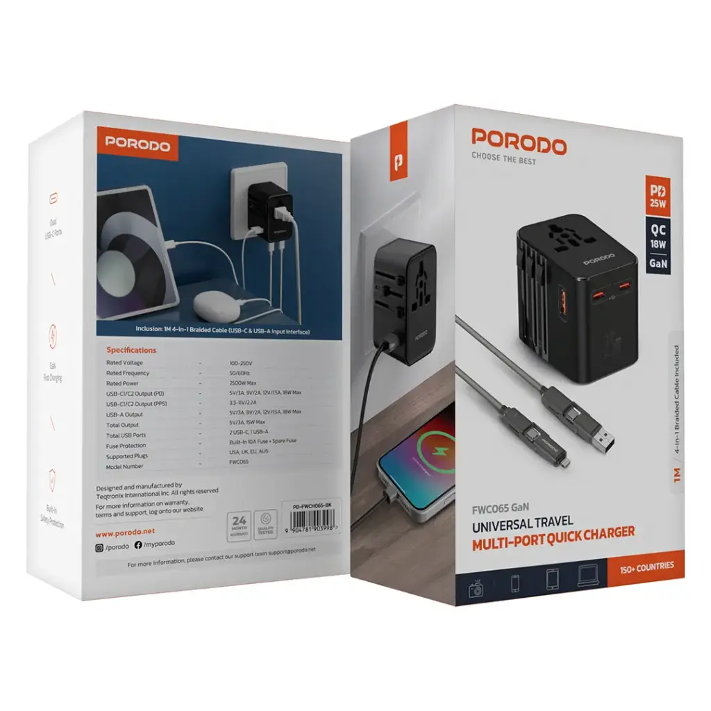 Porodo GaN Universal Travel Multi-Port Quick Charger – Black