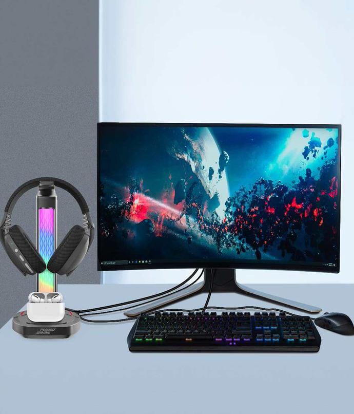 حامل سماعة رأس Porodo Gaming RGB، شحن لاسلكي وموزع USB-C مع مصباح شاشة 5