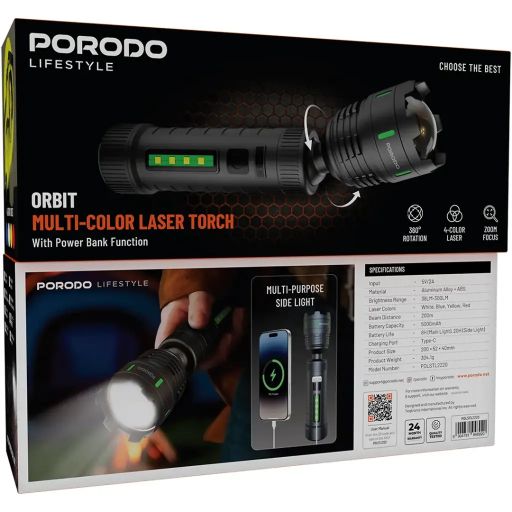 Porodo Lifestyle Orbit Multi-Color Laser Torch with Power Bank Function - Black