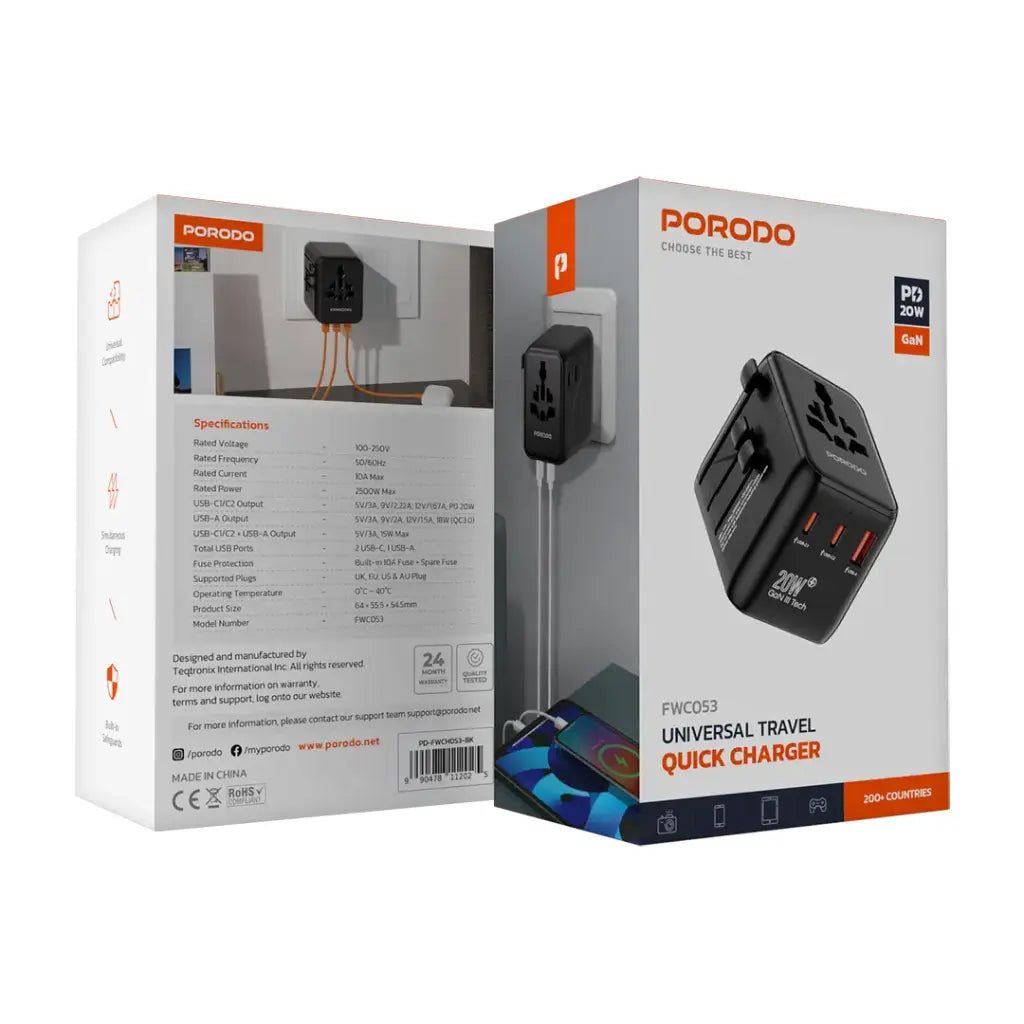 Porodo Universal FW Travel Quick Charger - Black