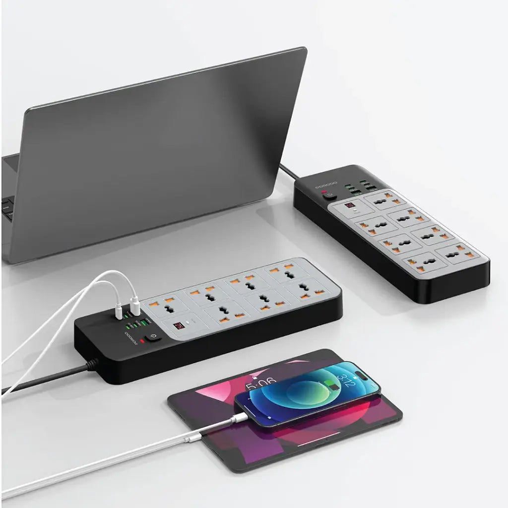 Porodo 3000W | 7AC Universal Power Strip with 6 USB Ports (4C + 2A) - Gray