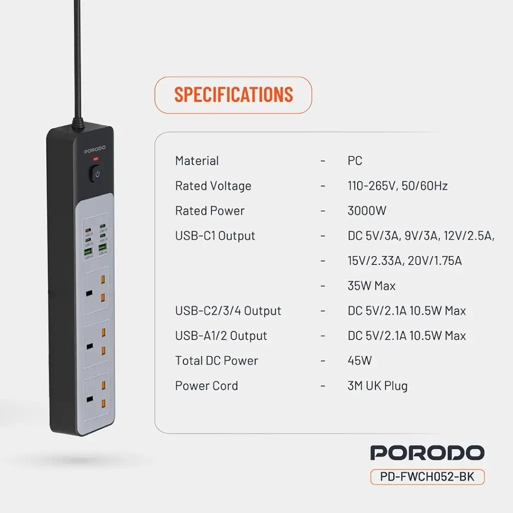 Porodo 3AC | 45W | 300W Power Strip - Black