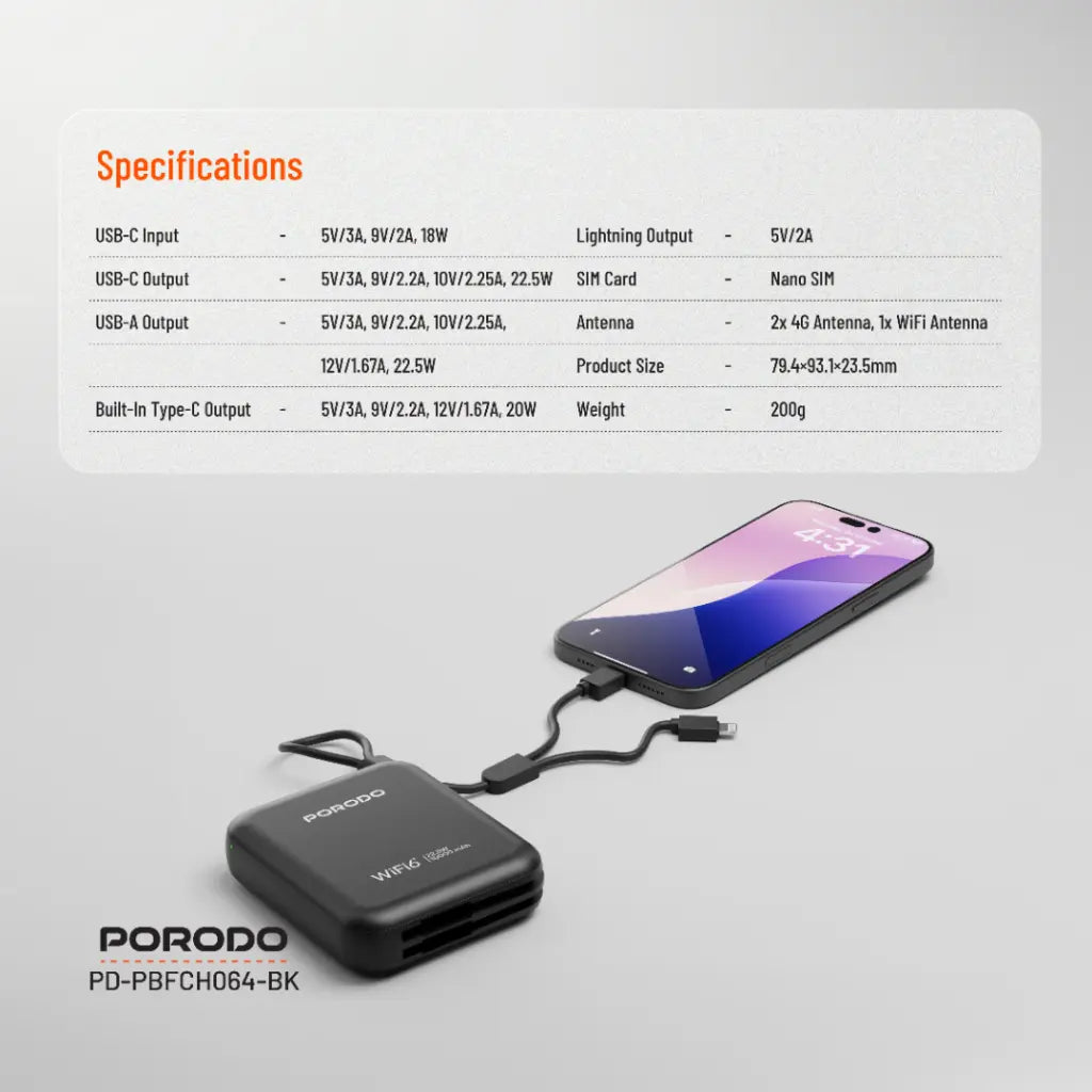 Porodo 4G LTE | WiFi 6 Pocket Router - Black