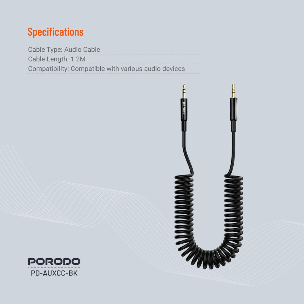 Porodo AUX 3.5 to 3.5 Coil Cable 1.2M - Black