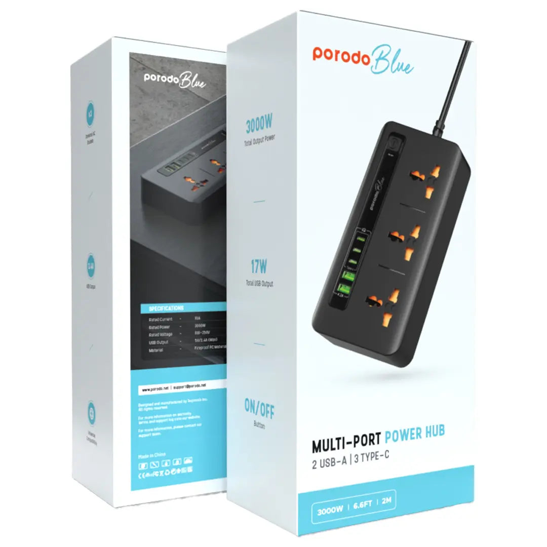 Porodo Blue 3 AC Power Socket With 2XUSB-A, 3XType-C 2M 3000W - Black