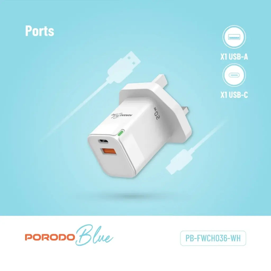 Porodo Blue Ultra-Quick Charger USB-A to USB-C - White