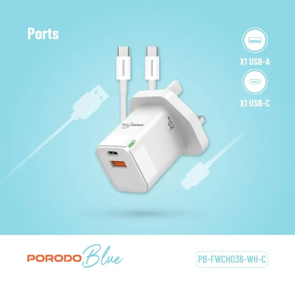 Porodo Blue Ultra-Quick Charger USB-A to USB-C (1m Type-C Cable Included) - White