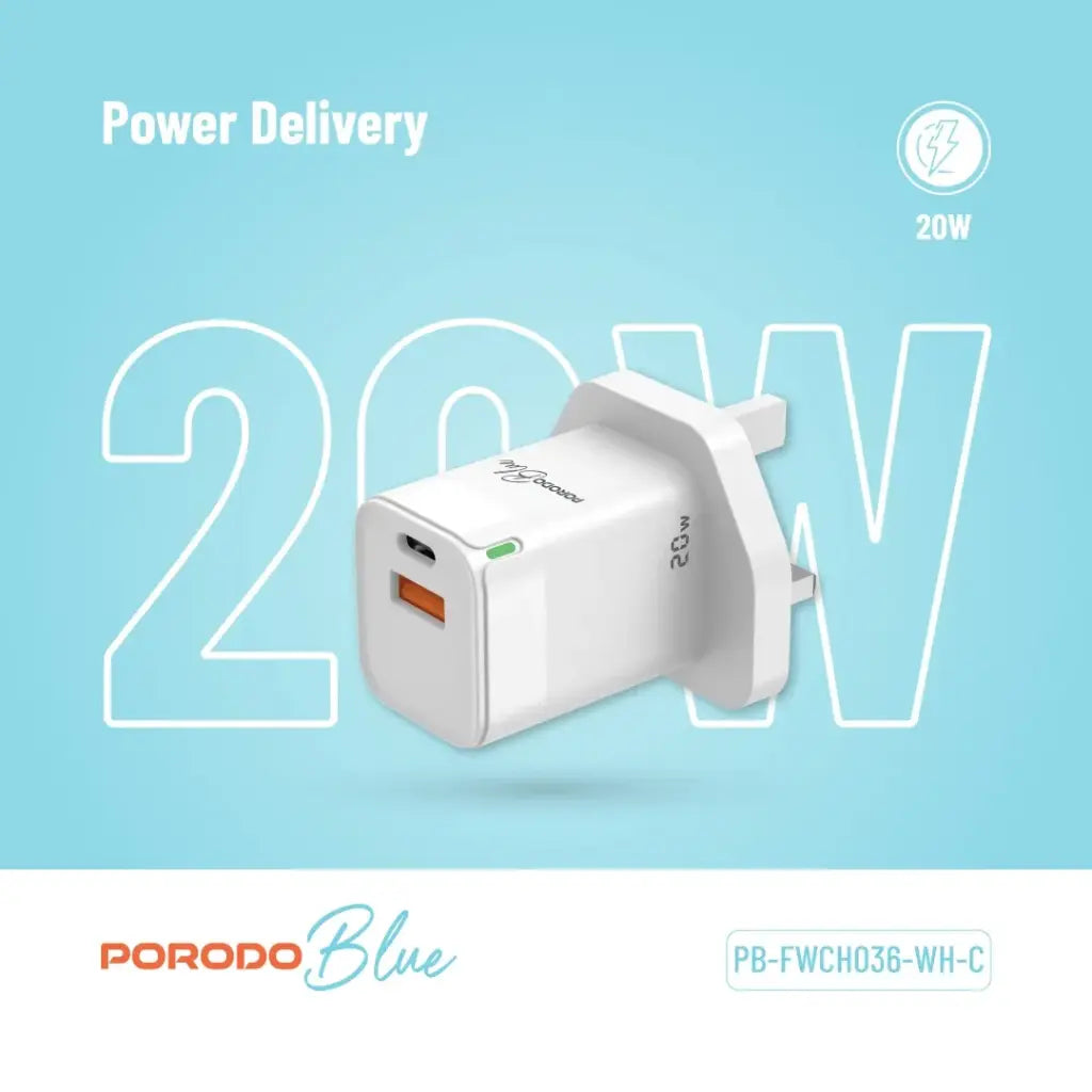 Porodo Blue Ultra-Quick Charger USB-A to USB-C (1m Type-C Cable Included) - White