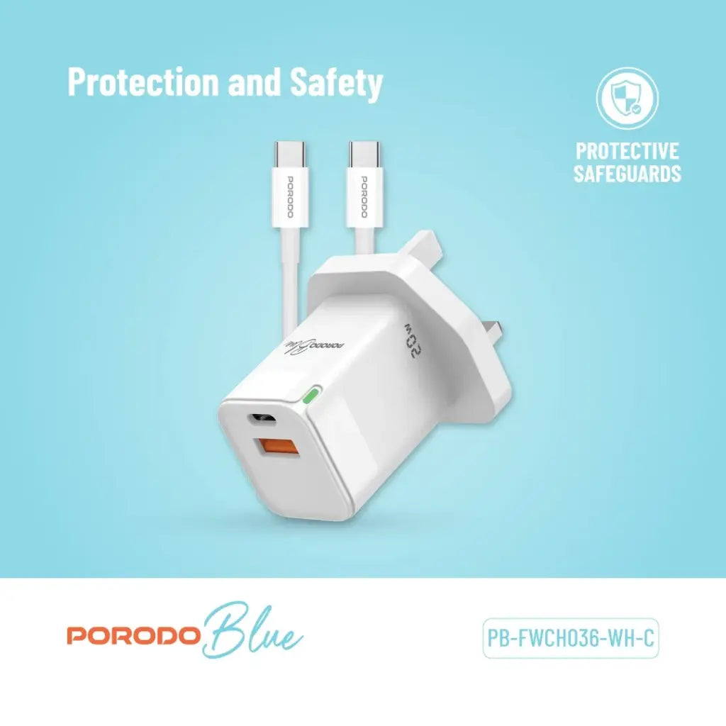 Porodo Blue Ultra-Quick Charger USB-A to USB-C (1m Type-C Cable Included) - White