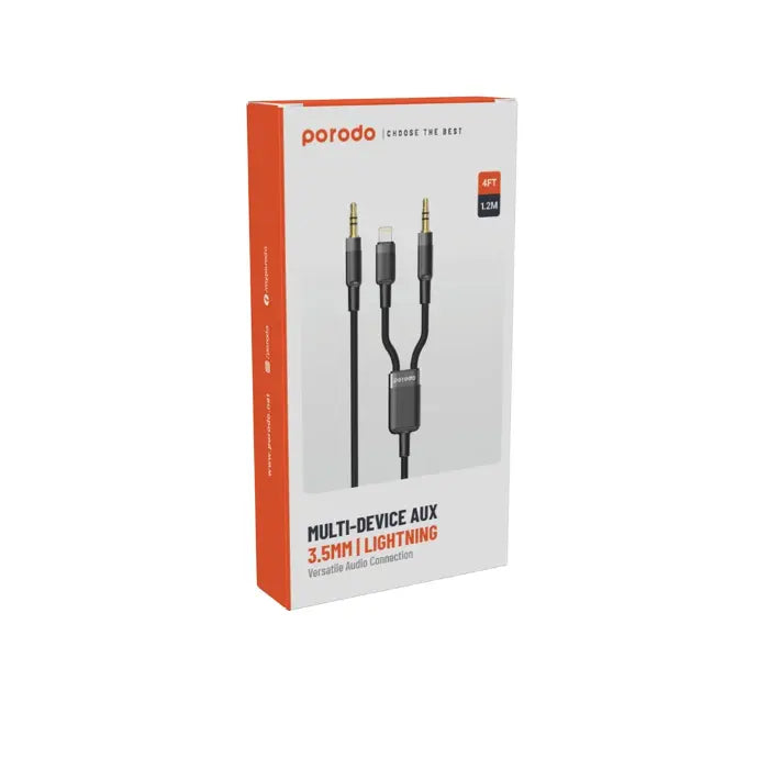 Porodo 2in1 Aux 3.5 to 3.5+Lightning Cable 1.2M - Black