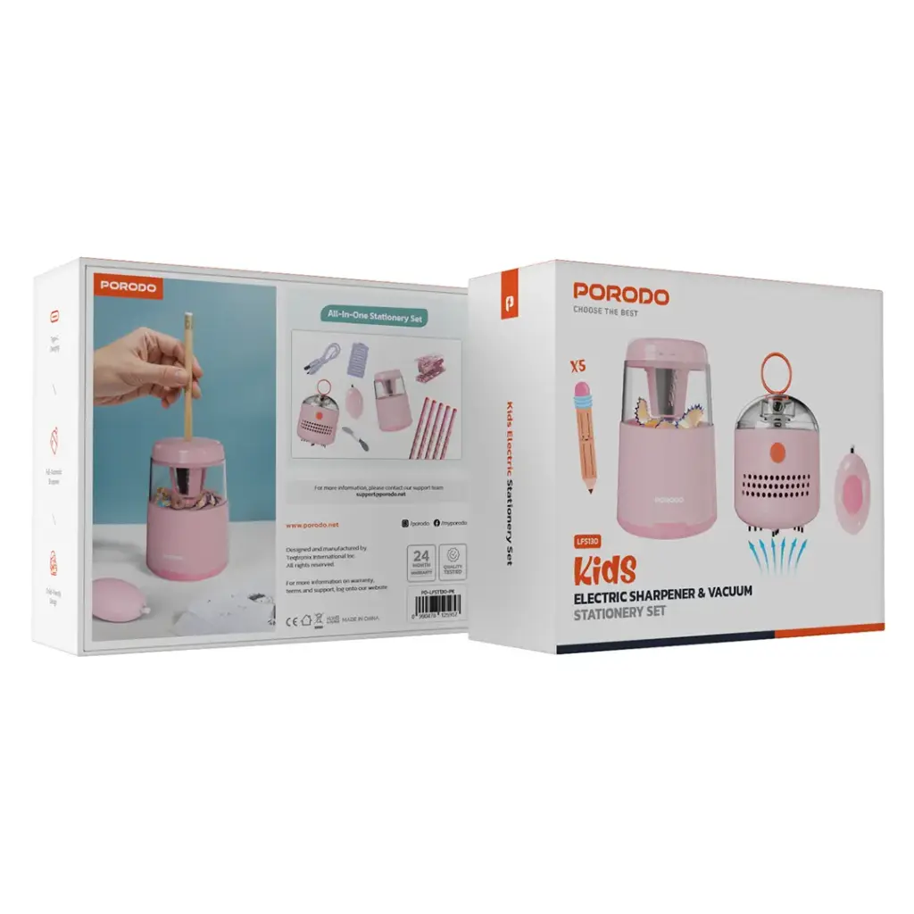 Porodo Kids Electric Sharpener & Vacuum Stationary Set Pink