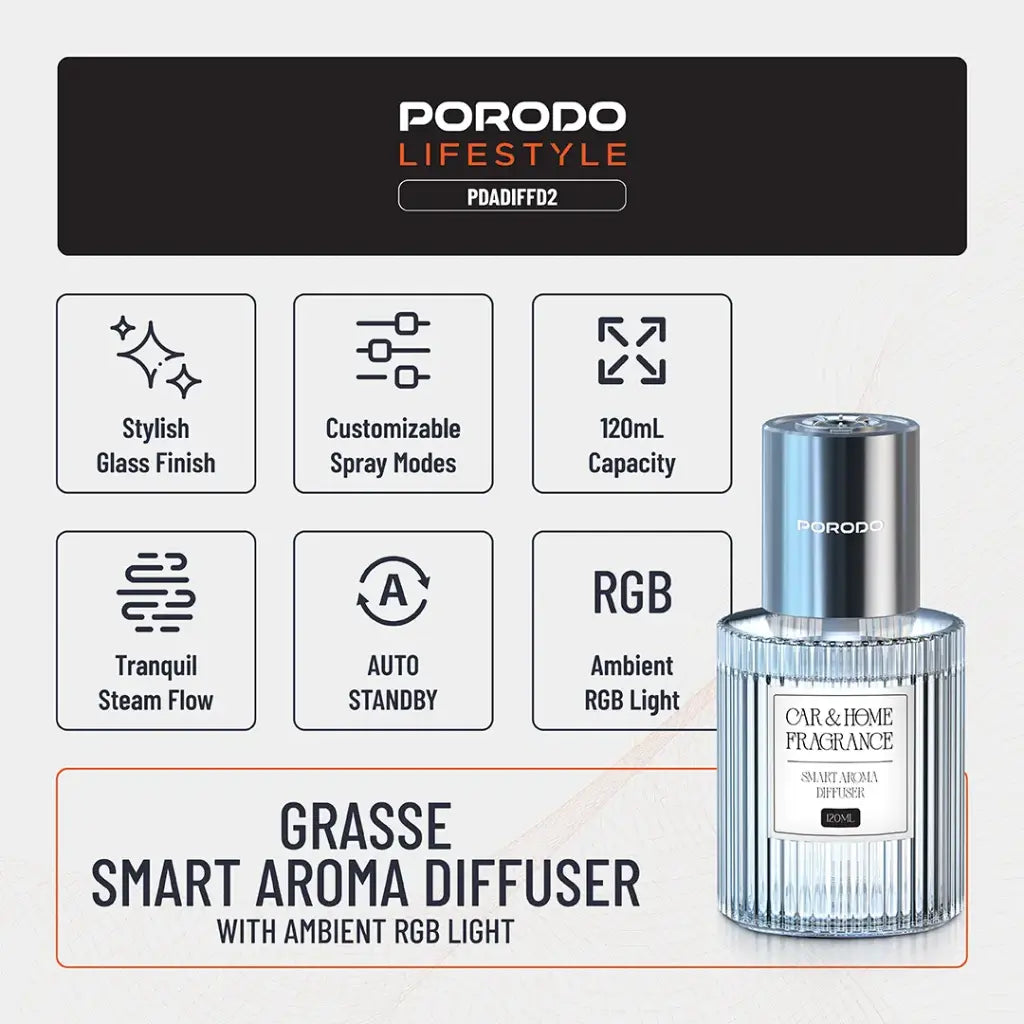 Porodo Lifestyle Grasse Smart Aroma Diffuser - Clear