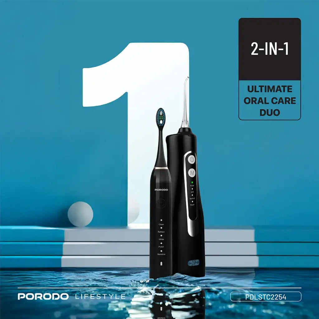 Porodo Lifestyle Ultimate Oral Care Duo Electric Toothbrush & Water Flosser Combo - Black