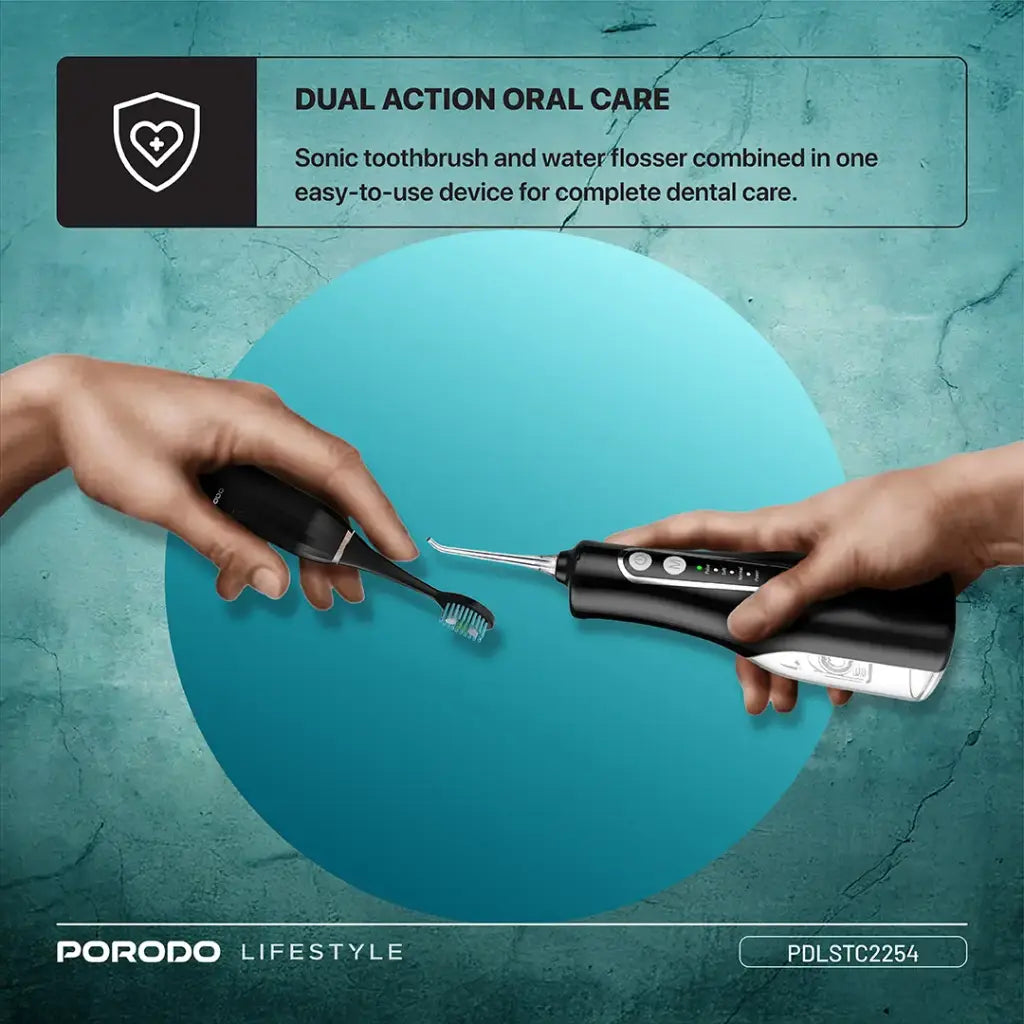 Porodo Lifestyle Ultimate Oral Care Duo Electric Toothbrush & Water Flosser Combo - Black