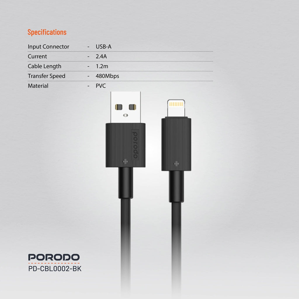 كابل شحن متين من Porodo USB-A إلى Lightning