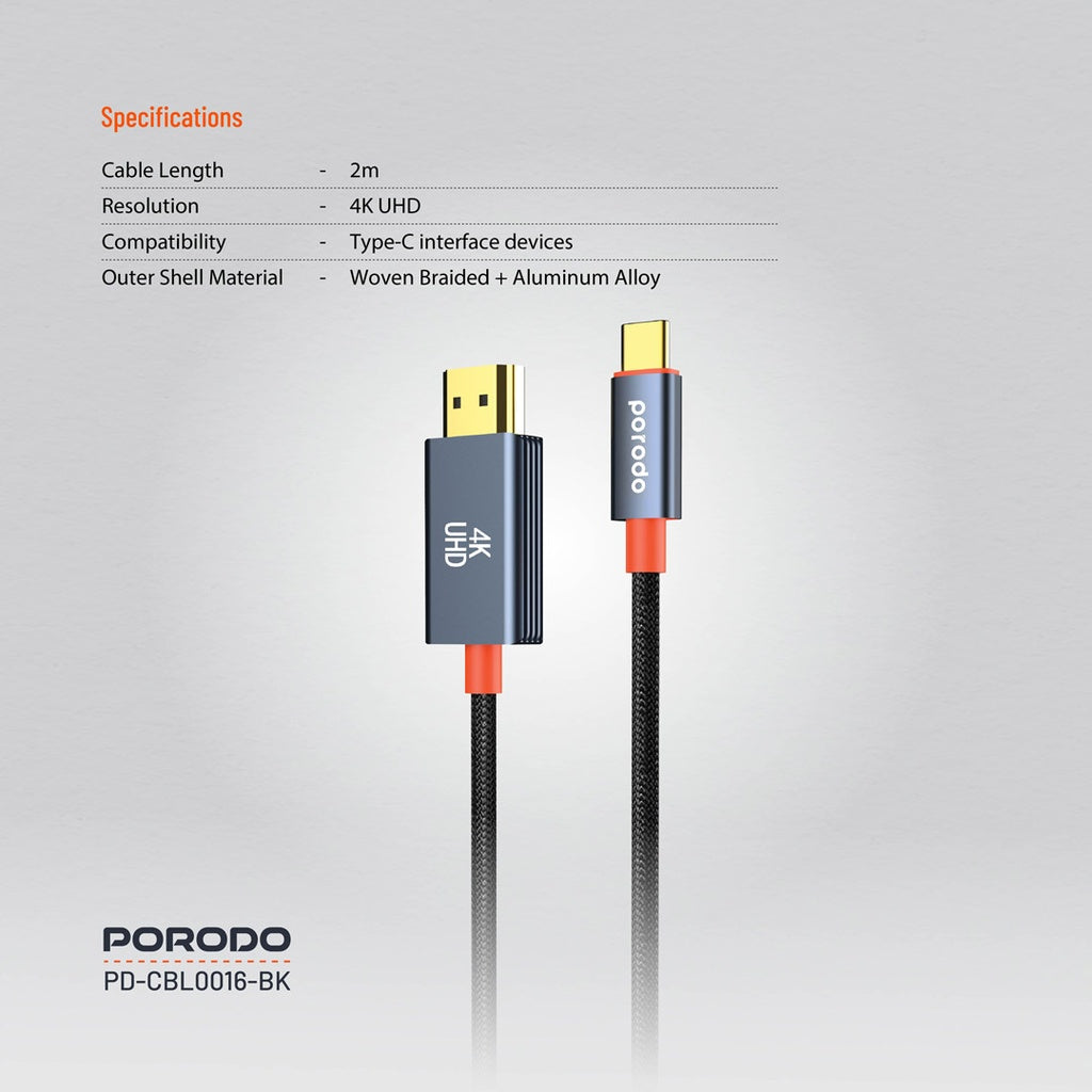 Porodo Type-C to HDMI Woven Cable - Black