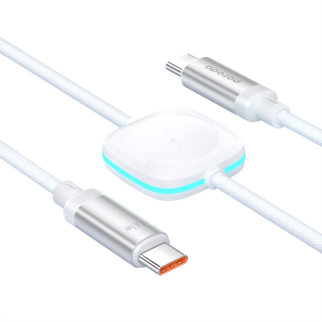 بورودو كابل 2 في 1 USB-C إلى USB-C 60 واط مع شاحن ساعة لاسلكي 1.2 متر - أبيض