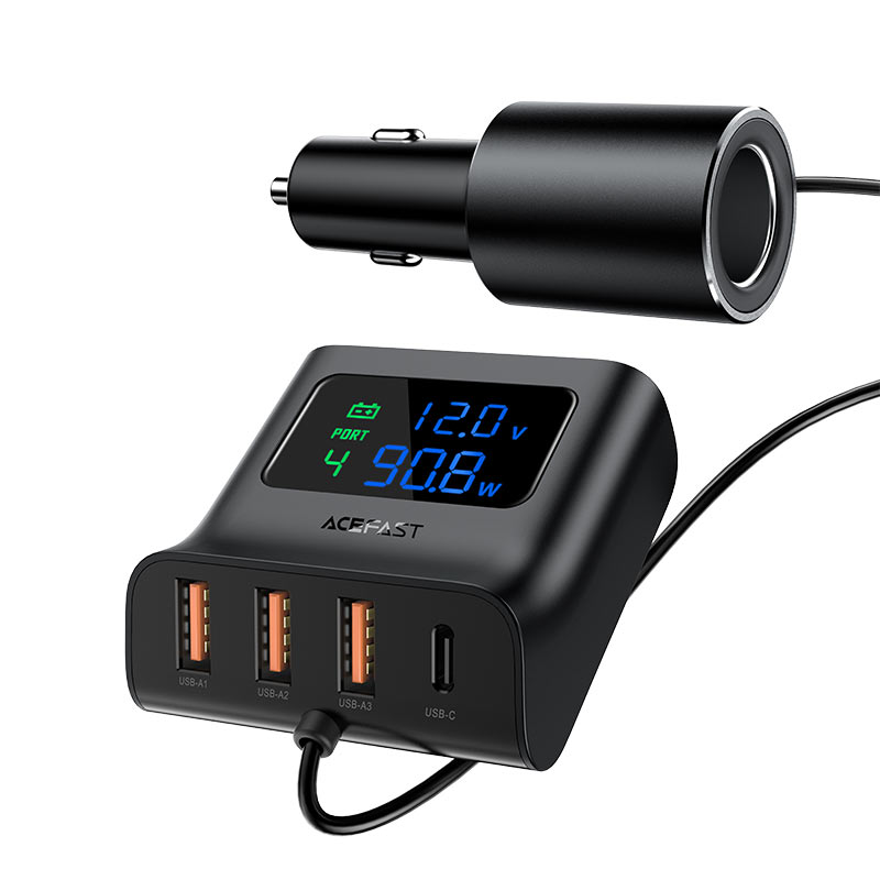 AceFast 90W 4-IN-1 Car Charger Splitter With LED Digital Display Black