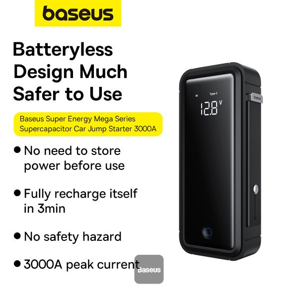 Baseus Super Capacitor Car Jump Starter 3000A 12V، حزمة معززة لبطارية السيارة، سعة 500F * 5، صندوق وصل محمول بدون بطارية مع شاشة رقمية وكابلات توصيل لما يصل إلى 10.0 لتر غاز، 8 لتر ديزل - رمادي شفق
