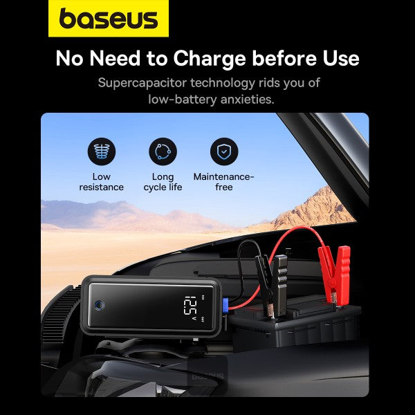 Baseus Super Capacitor Car Jump Starter 3000A 12V، حزمة معززة لبطارية السيارة، سعة 500F * 5، صندوق وصل محمول بدون بطارية مع شاشة رقمية وكابلات توصيل لما يصل إلى 10.0 لتر غاز، 8 لتر ديزل - رمادي شفق