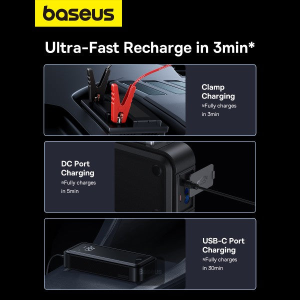 Baseus Super Capacitor Car Jump Starter 3000A 12V، حزمة معززة لبطارية السيارة، سعة 500F * 5، صندوق وصل محمول بدون بطارية مع شاشة رقمية وكابلات توصيل لما يصل إلى 10.0 لتر غاز، 8 لتر ديزل - رمادي شفق