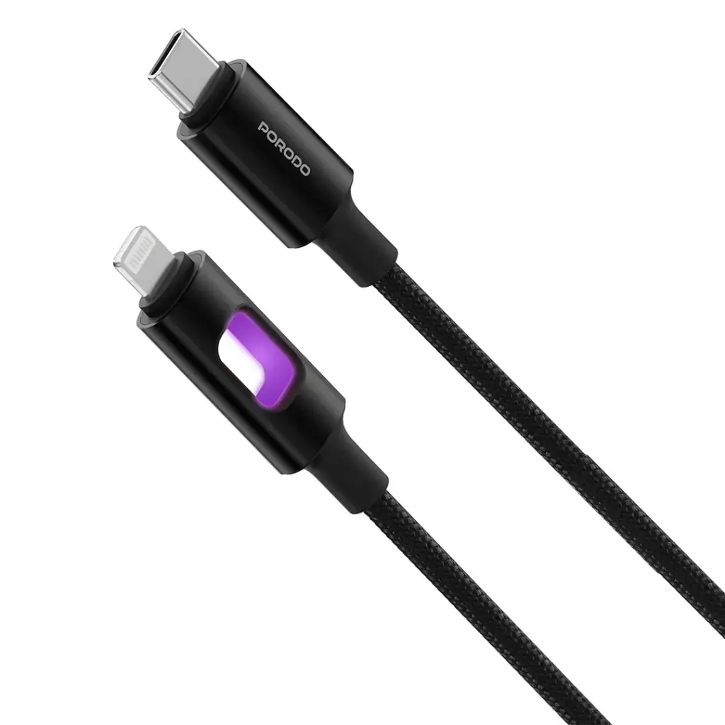 Porodo USB-C to Lightning Charging LED Braided  Cable - Black
