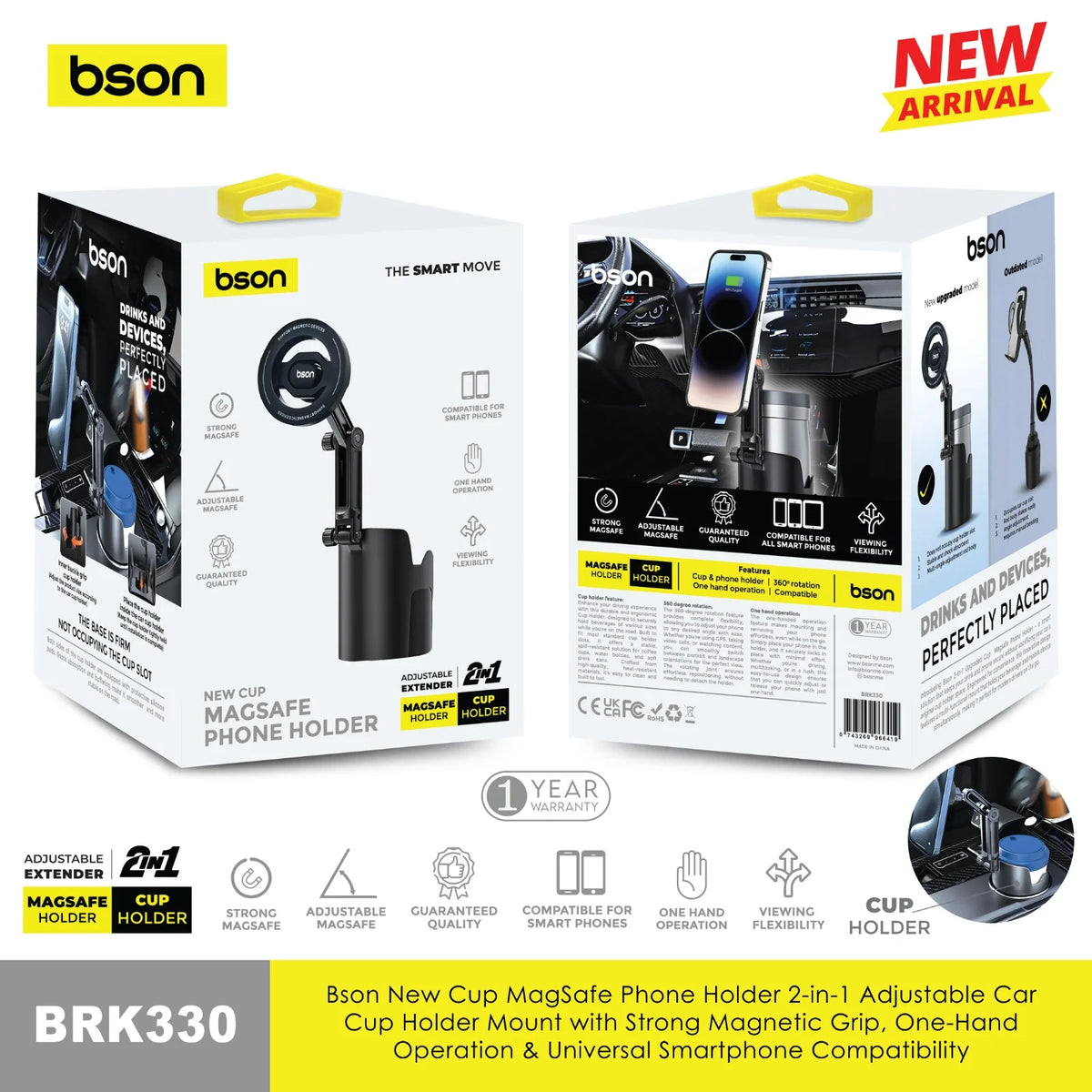 Bson New Cup MagSafe Phone Holder 2-in-1 Adjustable Car Cup Holder Mount with Strong Magnetic Grip, One-Hand Operation & Universal Smartphone Compatibility