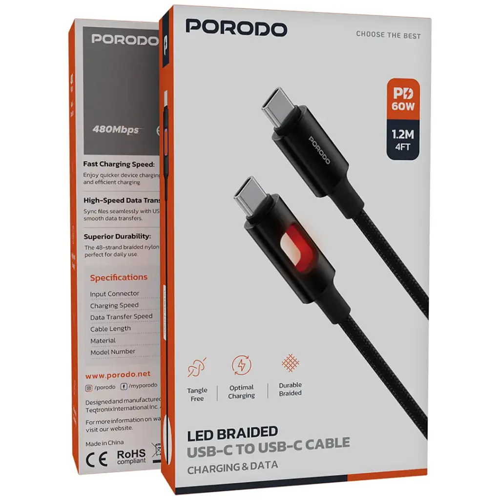 Porodo USB-C to USB-C Charging LED Braided Cable - Black