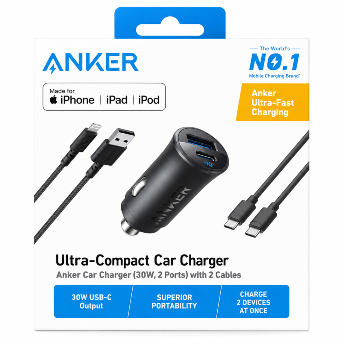 Anker Car Charger 30W 2- Ports With 2 Cables